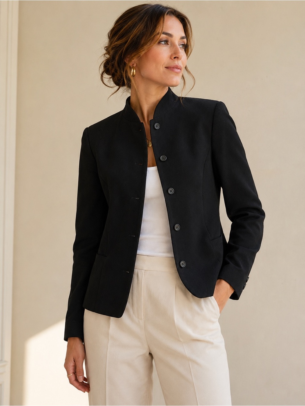 J.Crew Black Wool Blend Mandarin Collar Blazer Jacket Size 6 Vintage Style